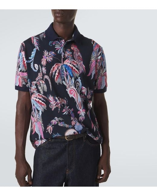Etro Blue Printed Cotton Pique Polo Shirt for men