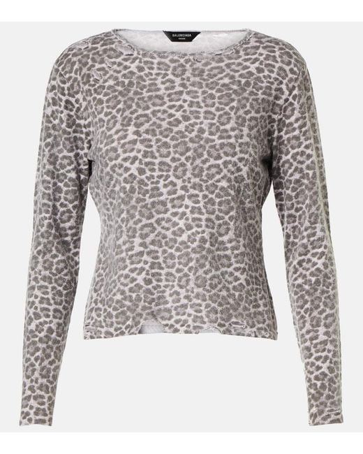 Balenciaga Gray Distressed Leopard-Print Jersey Sweater