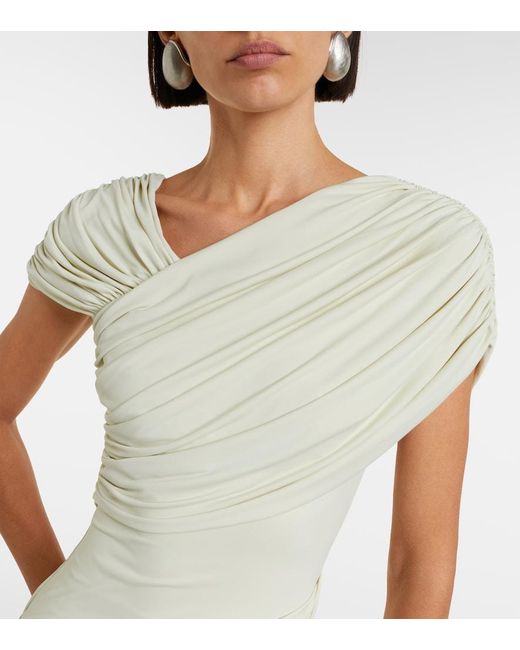 De La Vali White Hela Draped Asymmetric Jersey Midi Dress