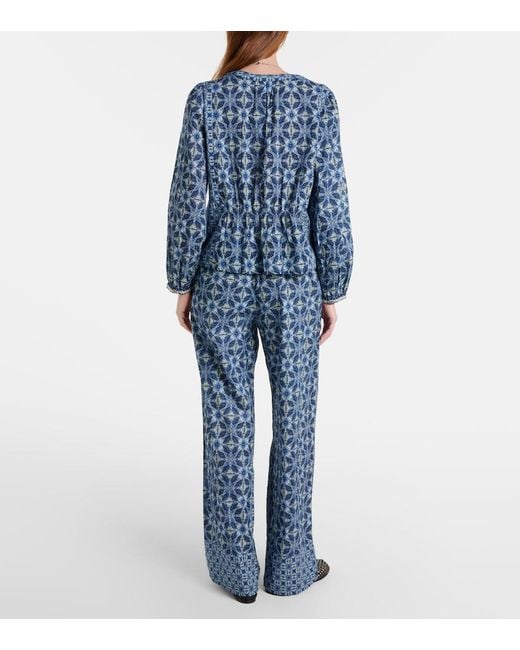 Velvet Blue Kendra Printed Cotton Wide-Leg Pants