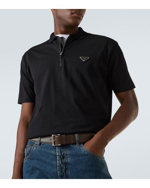 Prada Black Re-Nylon-Trimmed Cotton Pique Polo Shirt for men