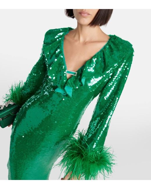 Vestido midi con lentejuelas y plumas Self-Portrait de color Green