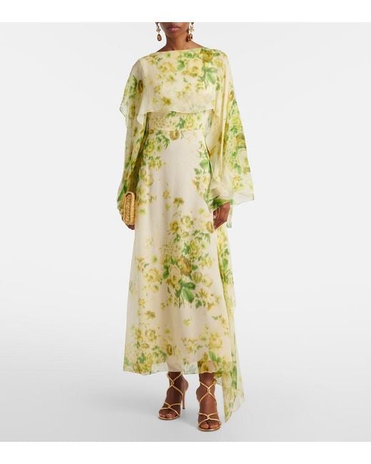 Erdem Yellow Draped Floral Silk Creponne Midi Dress