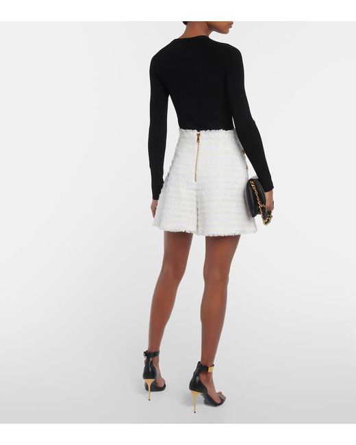 Shorts En Tweed De Tiro Alto Balmain de color White