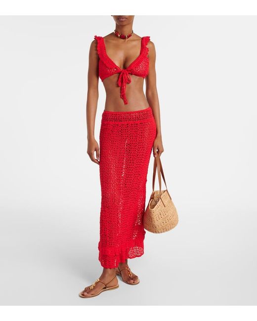Anna Kosturova Red Rosette Crochet Cotton Maxi Skirt