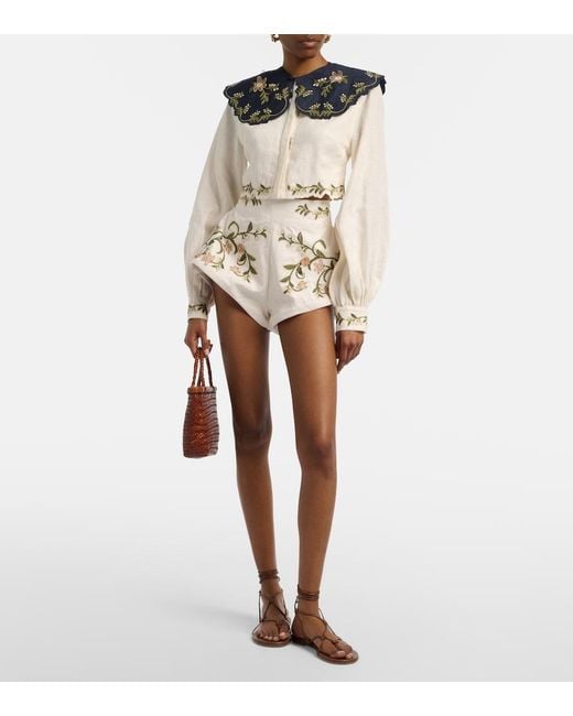 Agua Bendita Natural Gatti Embroidered Linen Shorts