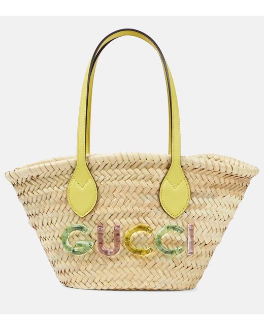 Gucci Metallic Small Logo Straw Basket Bag