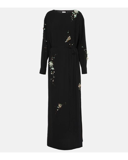 Robe longue brodee en crepe de satin Dries Van Noten en coloris Black