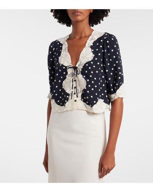 Rixo Blue Ursula Polka-Dot Crepe De Chine Top