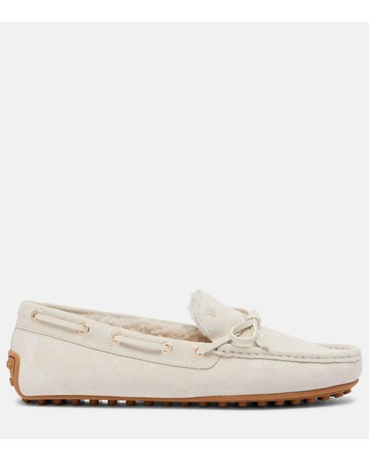Tod's White Gommino Shearling-Lined Suede Boat Shoes
