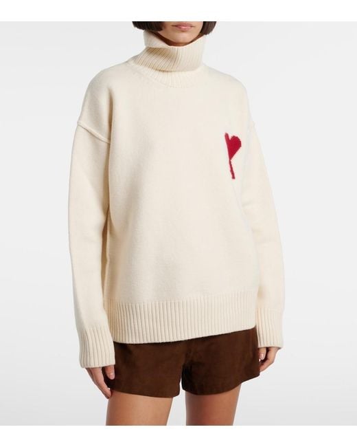 AMI White Ami De Cour Virgin Wool Turtleneck Sweater