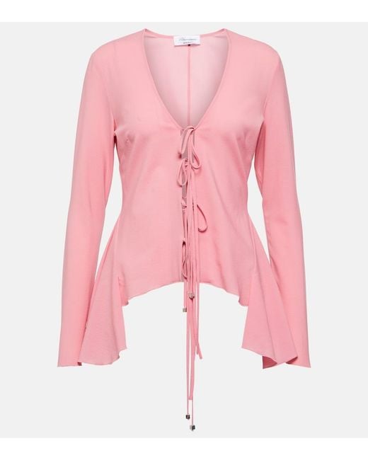 Blumarine Pink Ruffled Tie-Front Wool-Blend Blouse