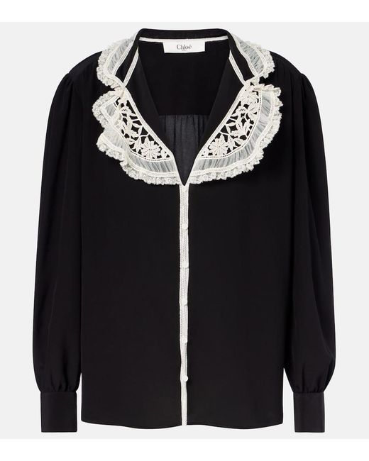 Chloé Black Lace-Trimmed Silk Crepe De Chine Blouse