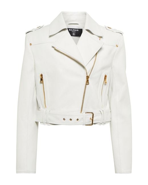 Balmain White Leather Biker Jacket
