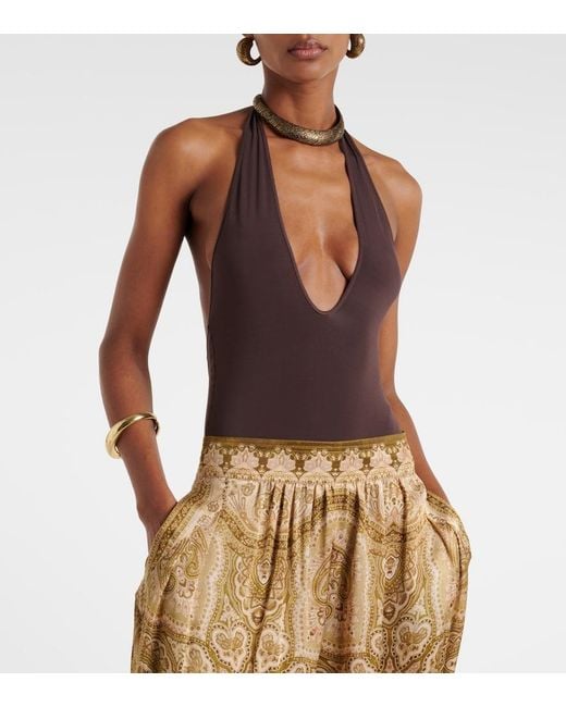 Zimmermann Brown Luna Halterneck Open-Back Bodysuit
