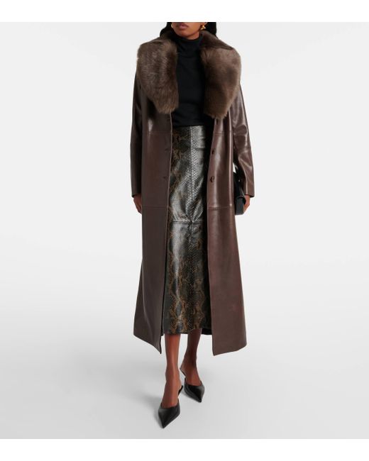 Nour Hammour Brown Dakota Shearling-Trimmed Leather Trench Coat