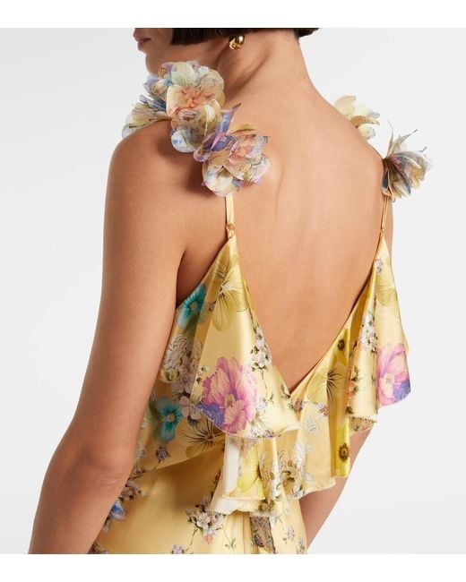 Camilla Metallic Embellished Floral Ruffled Silk Satin Maxi Dress