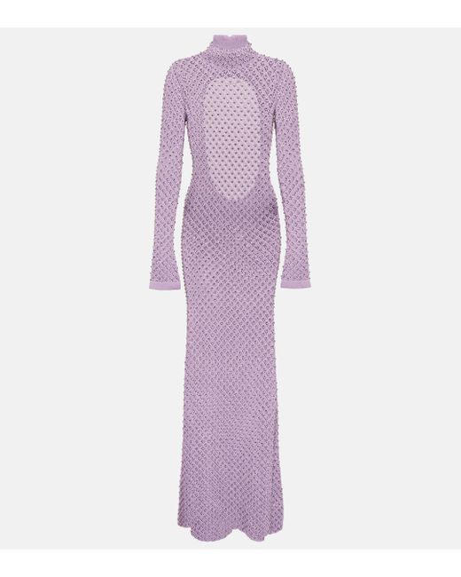 David Koma Purple Open-back Crystal-embellished Pointelle-knit Maxi Dress