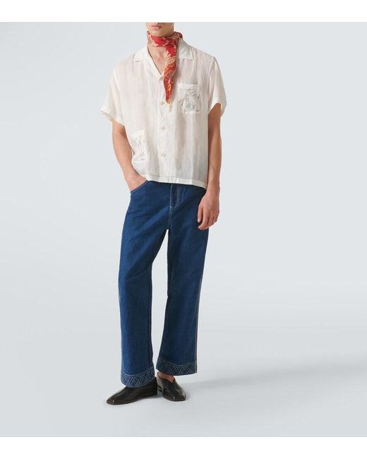 Bode White Skiers Linen Bowling Shirt for men