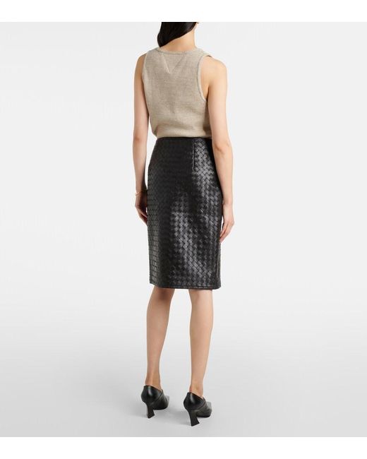 Bottega Veneta Black Intrecciato Leather Midi Skirt