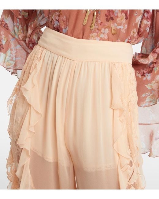 Zimmermann Natural Rebellion Splice Ruffled Silk Tapered Pants