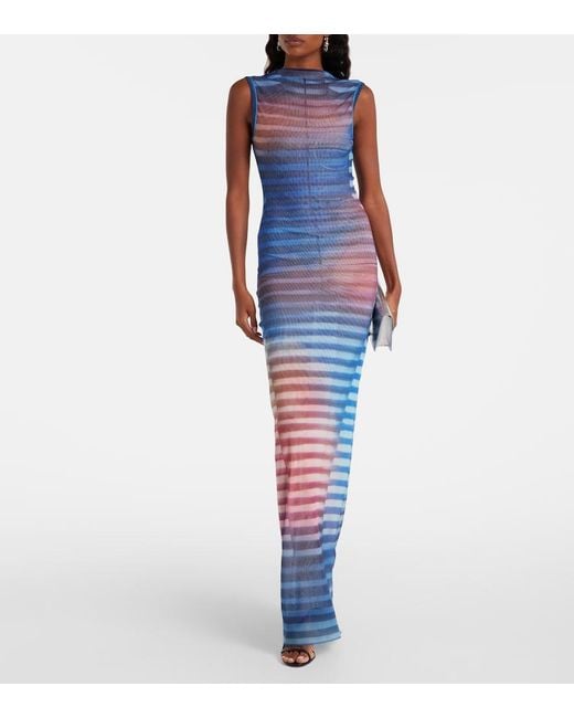 Jean Paul Gaultier Blue Air Striped Tulle Maxi Dress