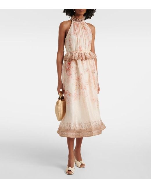 Zimmermann Natural Illuminate Floral Linen And Silk Midi Dress