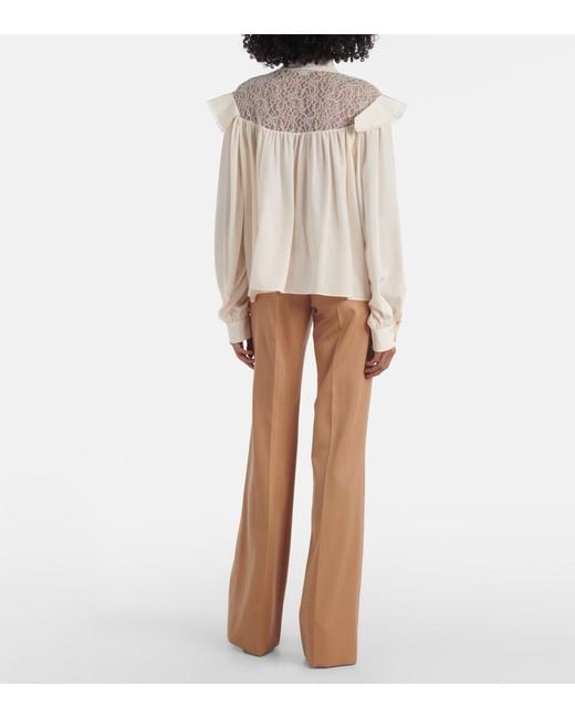 Stella McCartney Natural Bow-Detail Lace-Trimmed Silk Blouse