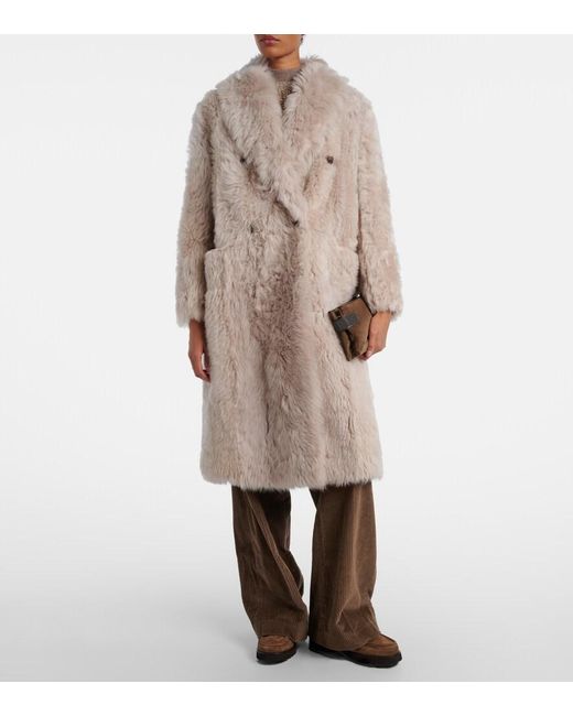 Brunello Cucinelli Natural Double-Breasted Shearling Coat