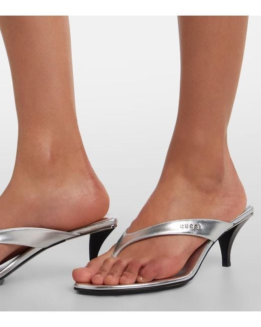 Gucci White Vittoria Metallic Leather Thong Sandals