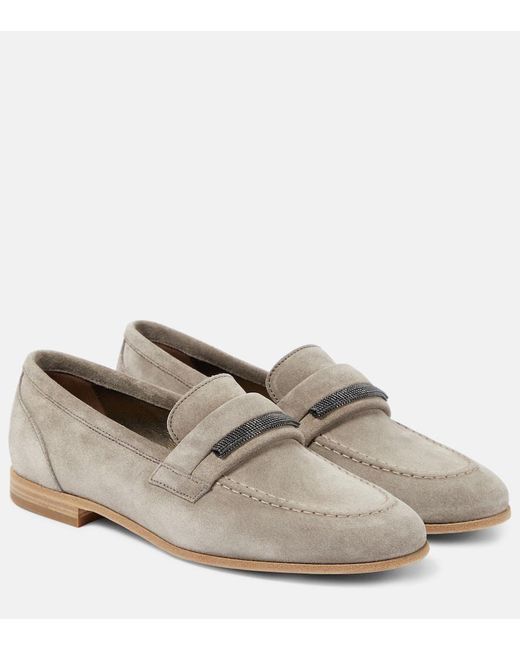 Brunello Cucinelli Gray Verzierte Loafers aus Veloursleder