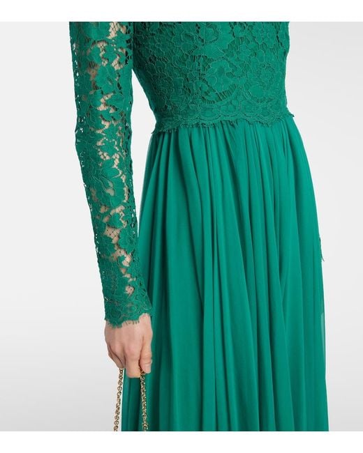 Dolce & Gabbana Green Long Chiffon And Lace Dress