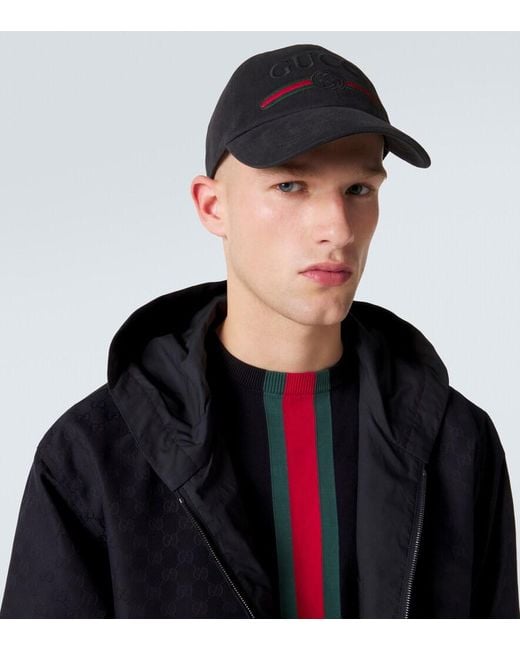 Gucci Black Web Stripe Cotton Baseball Cap for men