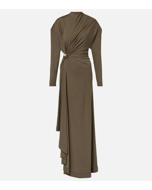 Bottega Veneta Green Gathered Crepe Jersey Maxi Dress