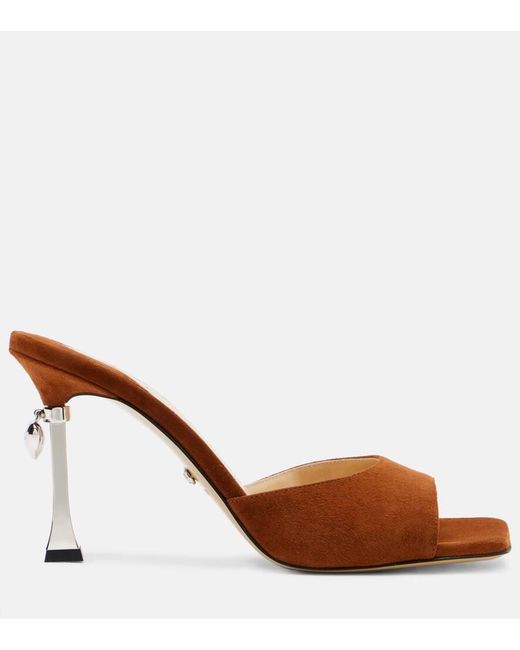 Mach & Mach Brown Puffy Heart Ring 95 Suede Mules
