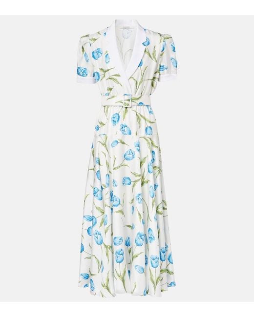 Rodarte Blue Belted Floral Silk Twill Midi Dress