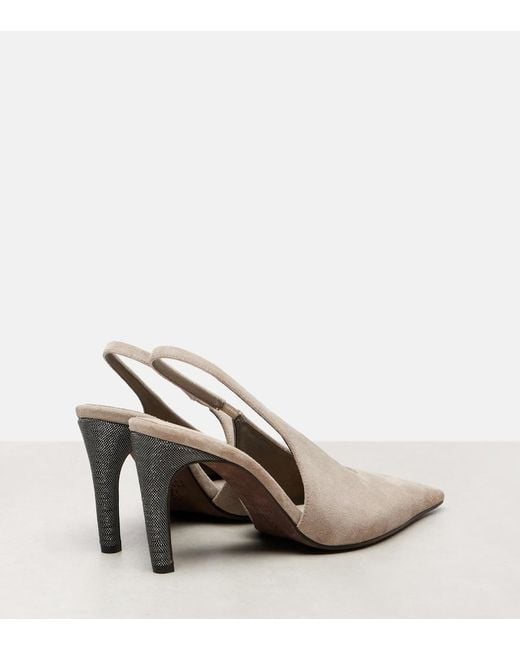 Brunello Cucinelli Natural 80 Monili Suede Slingback Pumps