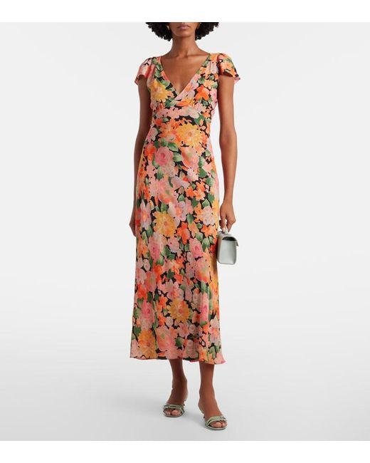 Rixo Metallic Cathy Floral Crepe Midi Dress