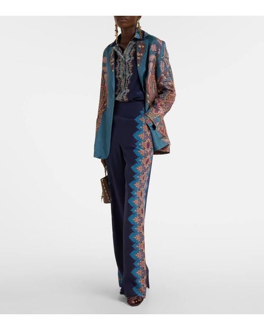 Etro Blue Printed Silk Crepe De Chine Straight Pants
