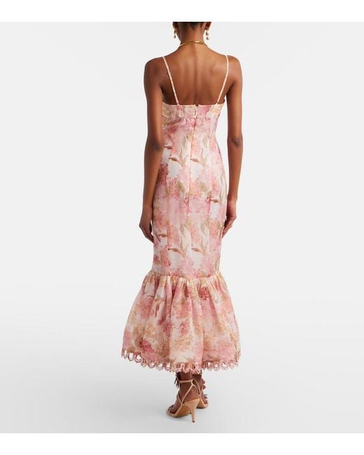 Zimmermann Pink Como Floral Linen And Silk Midi Dress