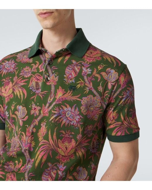 Etro Green Floral Cotton Pique Polo Shirt for men