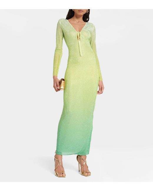 Self-Portrait Green Crystal-embellished Dégradé Stretch-mesh Midi Dress