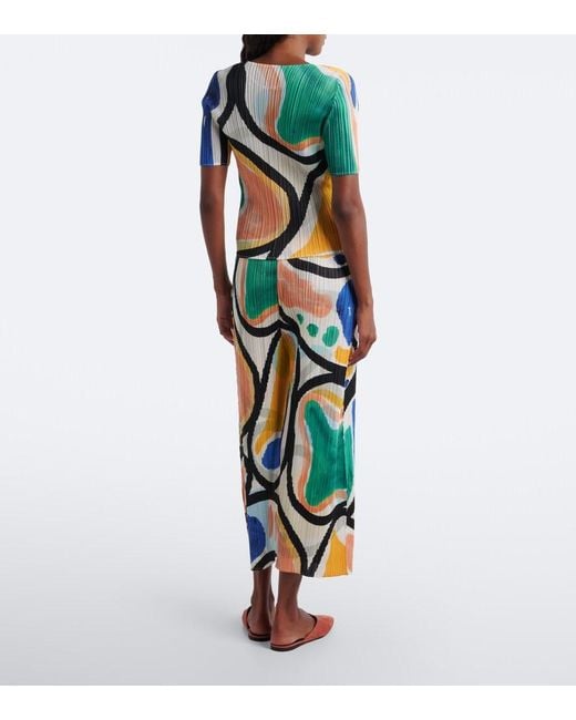 Pleats Please Issey Miyake Blue Roll Pleated Printed Wide-Leg Pants