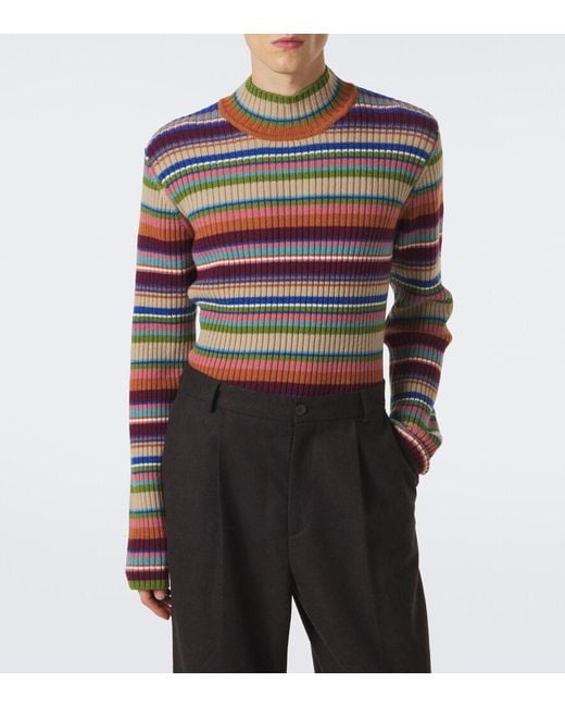 Dries Van Noten Red Ribbed-Knit Striped Wool Sweater for men