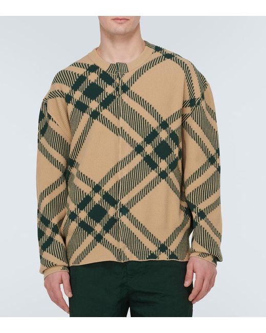 Burberry Green Checked Ribbed Wool-Blend Cardigan for men