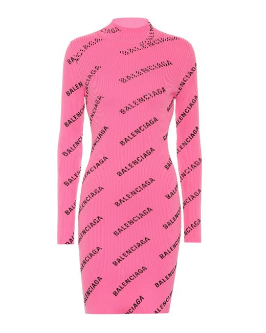 Balenciaga Pink Logo Ribbed-knit Minidress