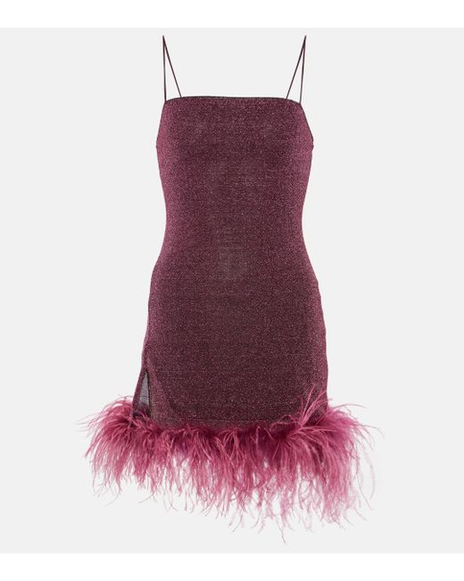 Oseree Purple Lumiere Plumage Feather-trimmed Lame Minidress