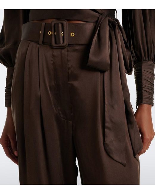 Zimmermann Brown Belted Pleated Silk Satin Wide-Leg Pants