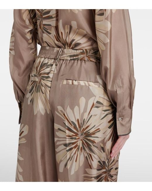 Brunello Cucinelli Natural Floral Silk Pongee Wide-Leg Pants