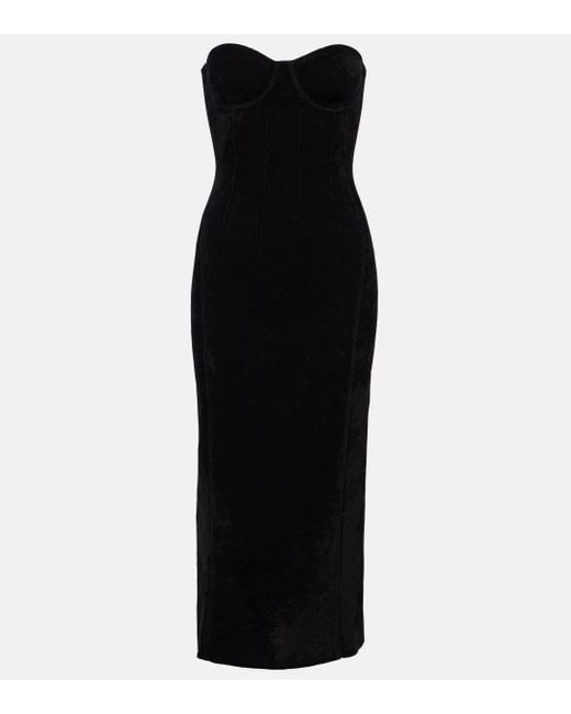 Galvan Black Titania Strapless Velvet Midi Dress